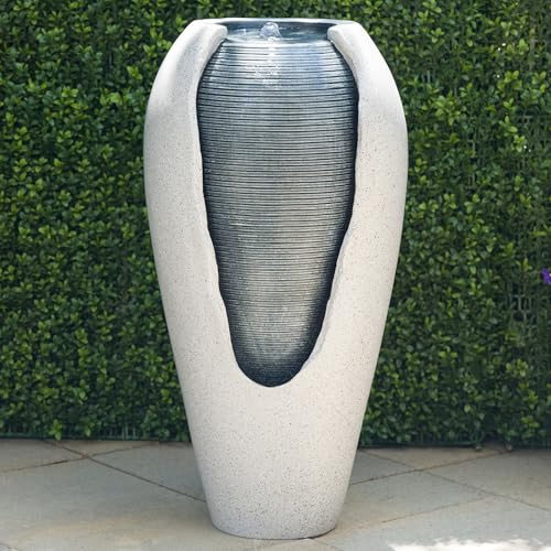 29-Inch Two-Tone Ribbed Jar Floor Fountain with LED Lights for Indoor/Outdoor