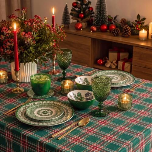 Softalker 55" x 120" Green Christmas Plaid Tassel Tablecloth, Linen Cotton Blend