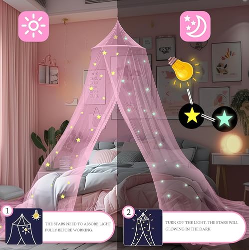Pink Bed Canopy for Girls with Glow-in-The-Dark Stars, Princess Bed Curtain - Daksha, Pink with Stars