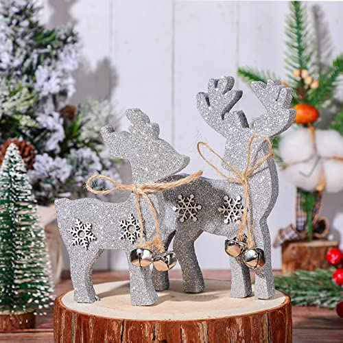 Sanwuta 2-Piece Reindeer Tabletop Decor – Wooden Elk Figurines with Silver Bell (Mother & Calf)