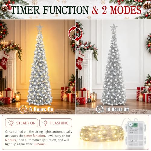 Silver White 5FT Pop-up Christmas Tree with Snowflake Decor & Timer Lights