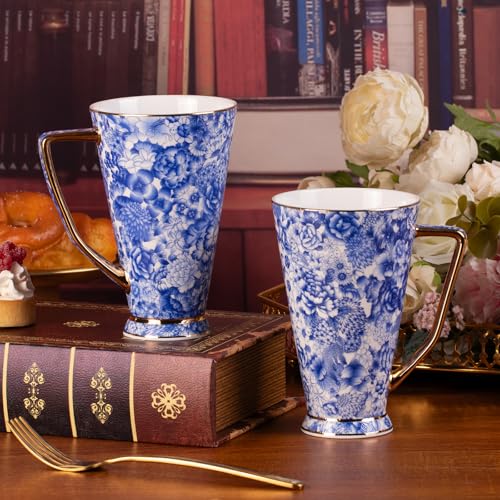 KAMMAK 18.6oz Ceramic Coffee Mugs Set of 2 with Elegant Blue-White Rim