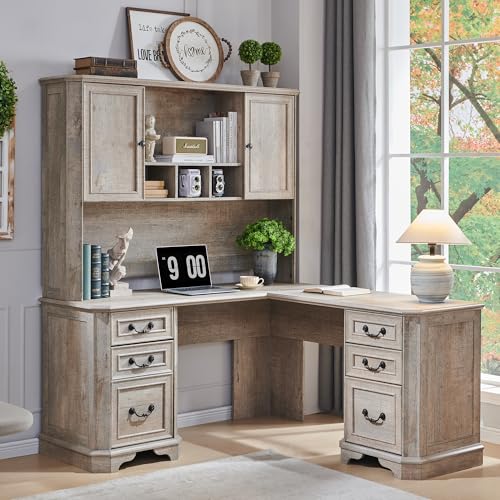 59-Inch Farmhouse Desk Hutch with Adjustable Storage Shelf, Rustic Oak