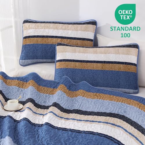 Queen Size Boho Quilt Set with Striped Design - 3-Piece Bedding