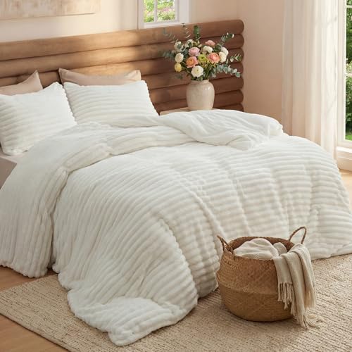 3-Piece Queen Fluffy Fleece Comforter Set with Pillowcases - Cream White