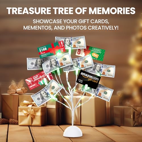 17-Inch LED Money Tree Gift Card Holder with 10 Clips, White Tabletop Stand