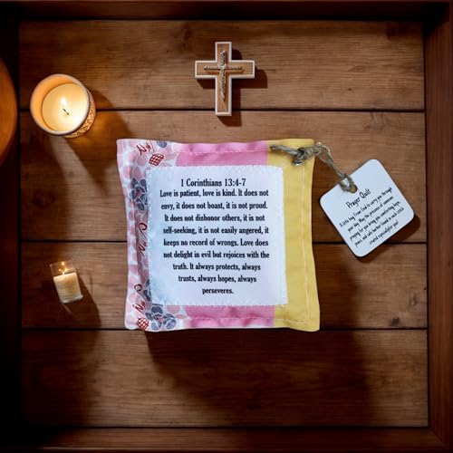 Pocket Prayer Quilt with Cross, 4x4 Inch Scripture Keepsake Gift