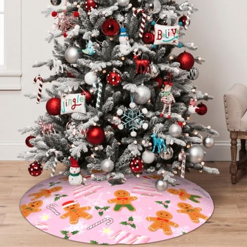 JOOCAR 48 Inch Pink Christmas Tree Skirt with Lace Up Candy Cane Gingerbread Pattern - 122cm