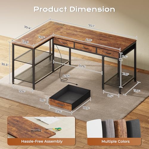 55-Inch L-Shaped Computer Desk with Power Outlets, USB Port & 3 Storage Drawers