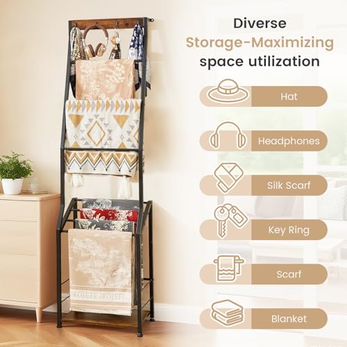 7-Tier Blanket Ladder Shelf with Hooks, Rustic Wooden Towel Rack for Storage