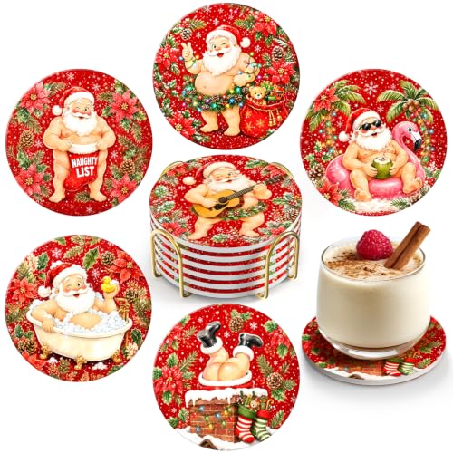 Dageusi Red Santa Coasters Set of 6 - Absorbent Ceramic? Actually Diatomite Stone Coasters with Holder – Naughty Santa Laugh Gift 4"