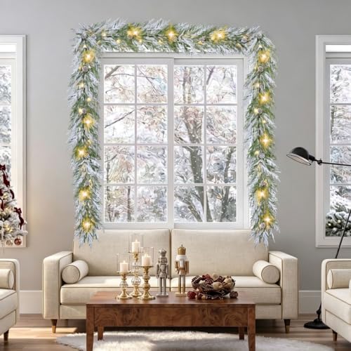 YoleShy 9 ft Flocked Norfolk Pine Garland with Lights