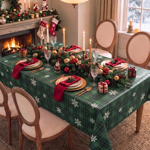 Romanstile Christmas Plaid Vinyl Tablecloth 54 x 108 Rectangular, Green
