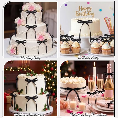 30 Pack Black Ribbon Bow Cake Toppers Handmade Polyester Bows for Party Decor