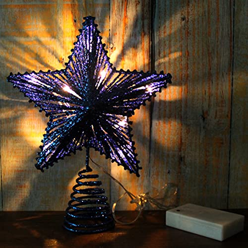 Blue Glittered 3D Tree Top Star with Warm White LED Lights & Timer - Christmas Decor - Variation of Glittered Blue 1