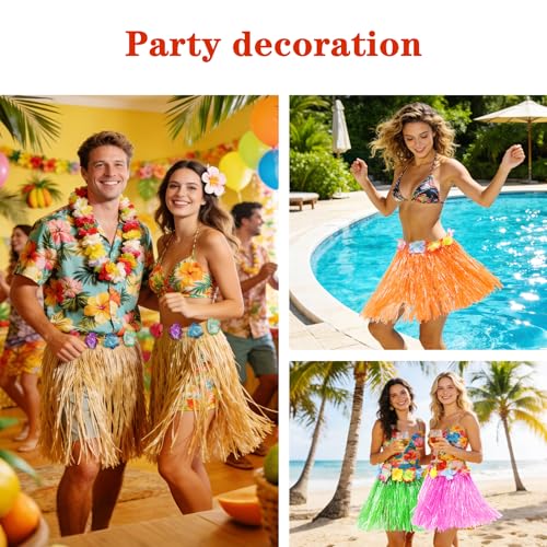 Kids Tropical Hula Grass Skirts with Hibiscus Flowers - 12 Pack