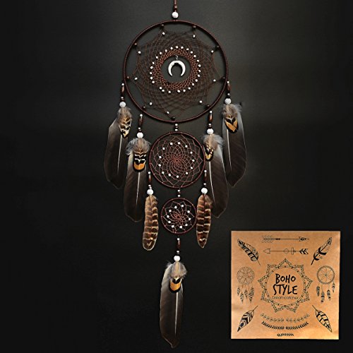 Large Three-Ring Brown Dream Catcher with Feathers and Moon Pendant