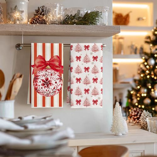 Artoid Mode Red Stripe Xmas Tree Ornament & 12x24 Inch Microfiber Kitchen Towels Set of 4