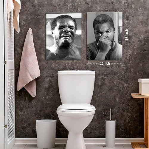 Funny Bathroom Canvas Wall Art Set - Vintage Black & White Comedy Movie Posters 12x16in