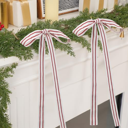 Glitinsel 12 Pcs Red White Cotton Christmas Ribbon Bows 1" Holiday Decor