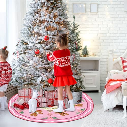Blosssound 36 Inch Gingerbread Pink Christmas Tree Skirt - Gingerbread Man Theme