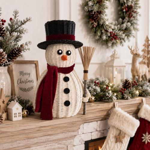 Leinuosen 12 Inch Rattan Snowman Woven Neutral Christmas Table Decor