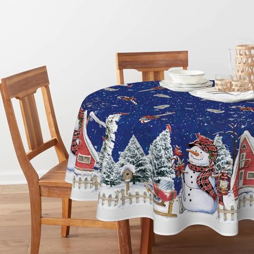Blue Christmas Tablecloth 70 x 70 Inch Round Snowman House Holiday Decor