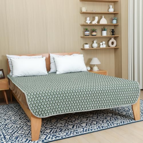 Reversible Cotton Block Print Throw Blanket - 60 x 90 Inches, Basil Green