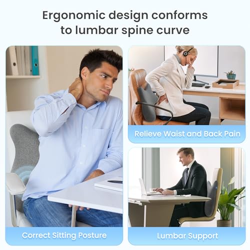 Heated Lumbar Support Pillow with Vibration Massage - Ergonomic Memory Foam Back Cushion for Office Chair