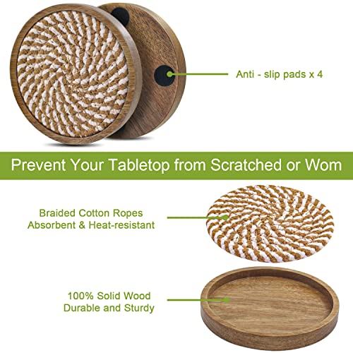 Eykao 5 Pack Woven Wooden Drink Coasters - Absorbent, 4.3-inch, Farmhouse Brown & White Variation