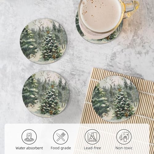 Winter Christmas Tree Coasters Set of 4 with Cork Base - Holiday Absorbent Ceramic Drink Mats