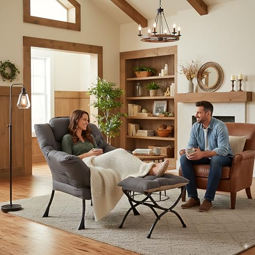 Upholstered Lazy Chair with Ottoman - Comfy Accent Reading Chair Dark Grey