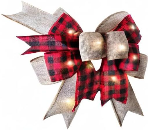 SIMISI Ribbon LED Christmas Bow - Rustic Buffalo Plaid Burlap with Lights | 9.5 x 13 Inch Holiday Decor