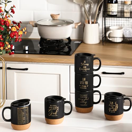 FillTouch 12-Piece Christian Mugs Set 15 oz Black with Lids & Cork Bottom - Bulk Gift, Father’s Day/Pastor Appreciation