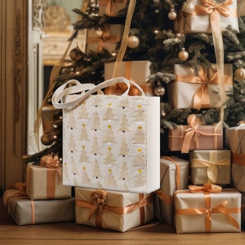 Abbylike Christmas Embroidery Tote Bag – White Canvas with Xmas Tree Design, Creamy White
