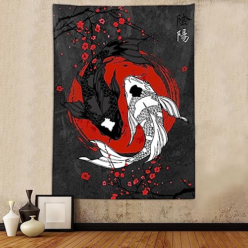 Japanese Yin Yang Koi Fish Tapestry - Anime Sakura Wall Hanging (40x60 In)