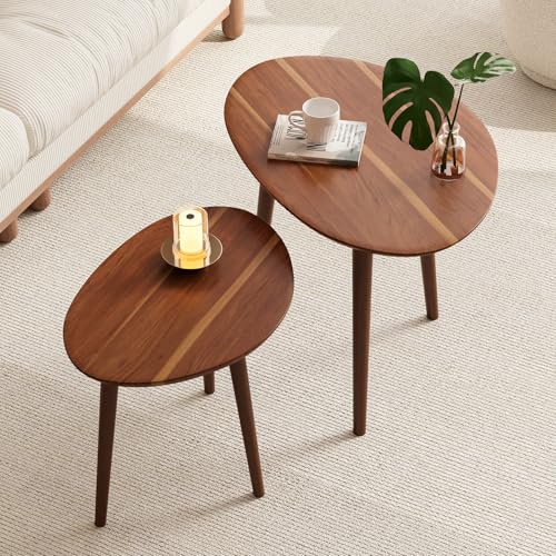 Small Oval Coffee Tables Set - Walnut Mid-Century Modern Nesting Tables