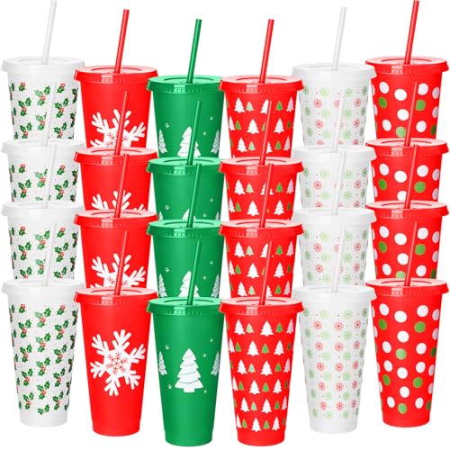 Stylish Christmas Plastic Cups with Lids & Straws, 24 oz, 24 Pack