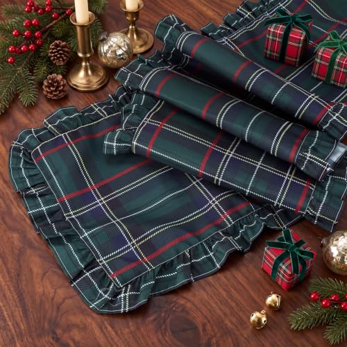 Moukeren 2-Pack Christmas Tartan Plaid Table Runners with Ruffle - Farmhouse Style, 16x70 Inches