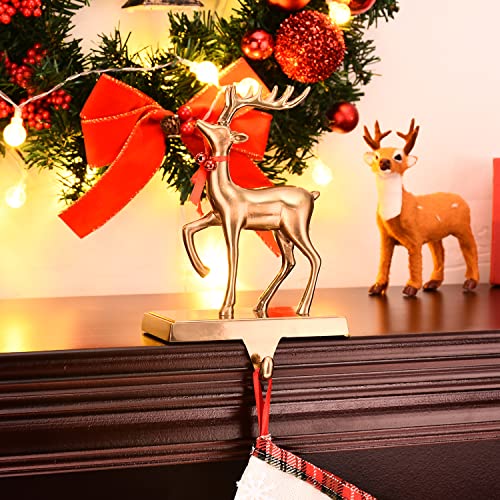 WeddPtyFr 2-Pack Reindeer Stocking Holders Antique Gold | Non-Slip Mantel Hangers