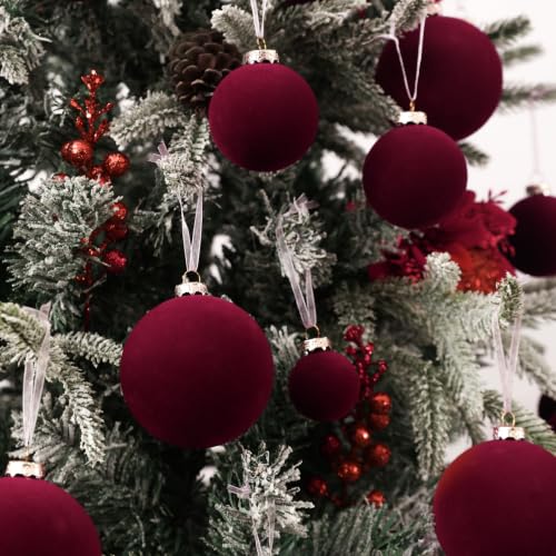 Drayenne Burgundy Velvet Christmas Ball Ornaments Set - 46pcs Shatterproof Holiday Decor