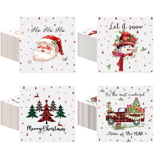 Fulmoon 200 Pcs Christmas Cocktail Paper Napkins - 4 Styles, Disposable Holiday Party Supplies