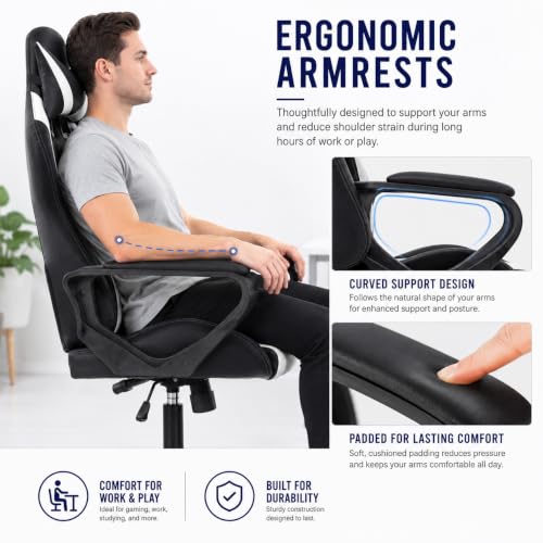 Ergonomic High-Back Gaming Chair with Lumbar Support, White PU Leather