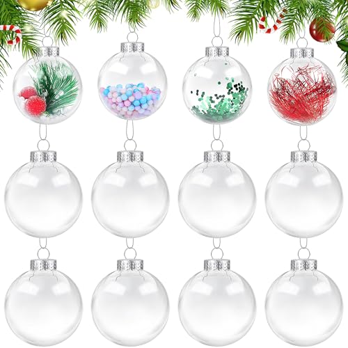 ANVAVO 12 Pack 4 Inch Clear Plastic Christmas Ball Ornaments with Removable Tops, DIY Fillable Baubles for Holiday Decor