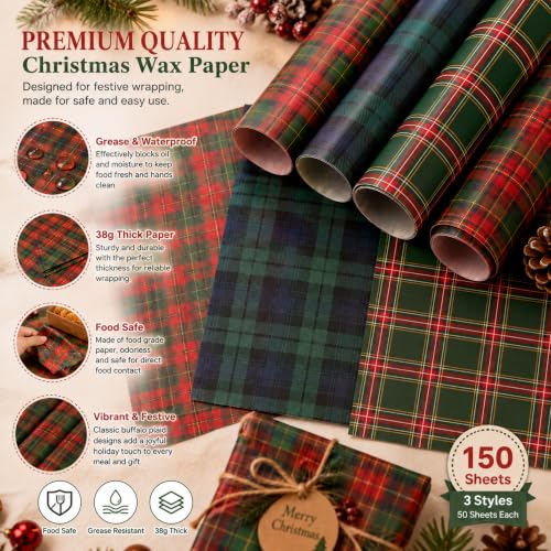 Tartan Plaid Christmas Wax Paper Sheets 150 Pack Food Wrap Greaseproof