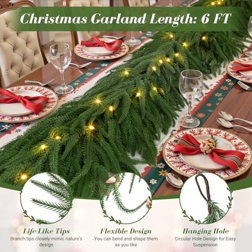 6FT Artificial Christmas Garland with Lights - Norfolk Pine, 2 Pack