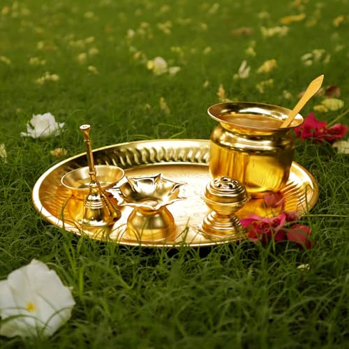 Brass Pooja Thali Set with Accessories - 8.5 Inch Gold Finish Ritual Plate