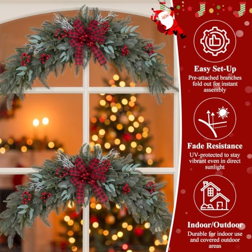 U'Artlines 2PCS Frosted Green Outdoor Christmas Swag 43" for Front Door