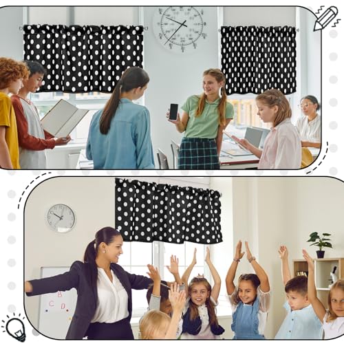 Black and White Polka Dot Window Valances, 4-Piece Rod Pocket Set
