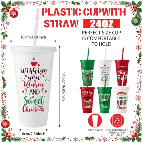 Vesici 12 Pack 24 Oz Christmas Plastic Cups with Lids and Straws – Joy Edition